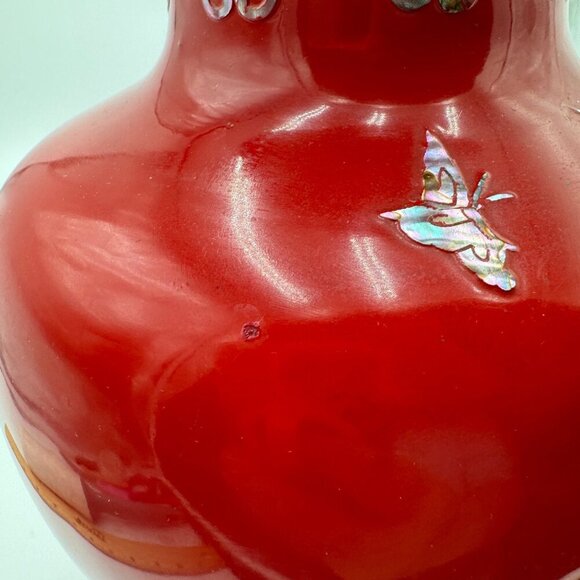 Vntg. Cloisonné Mother of Pearl inlay Red Enamel on Brass VASE 11” tall Large si - Picture 13 of 14